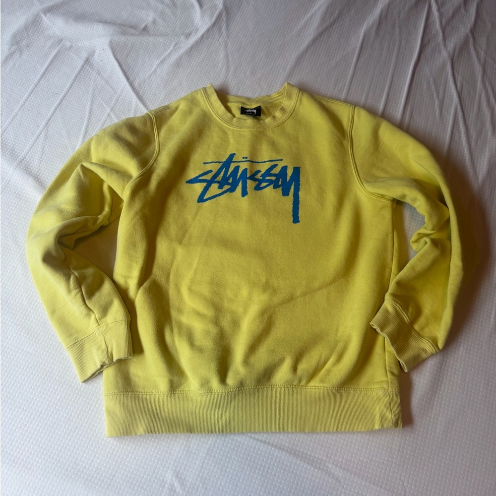 Stussy Yellow Crewneck Sweater with Blue Logo